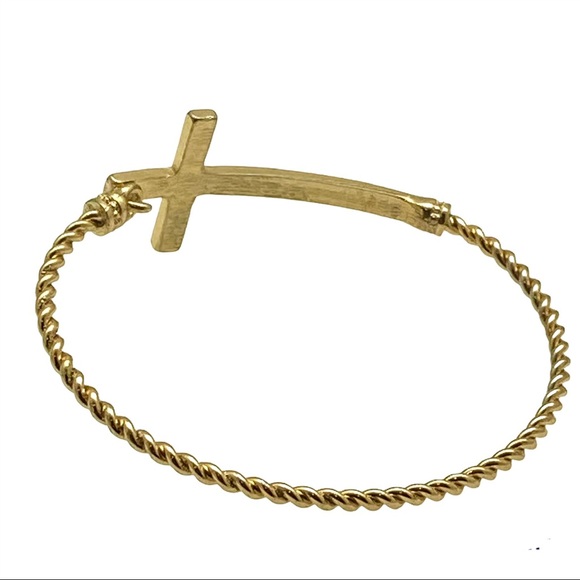 Vintage hinged bangle bracelet horizontal sideways cross gold tone green enamel - Picture 4 of 5